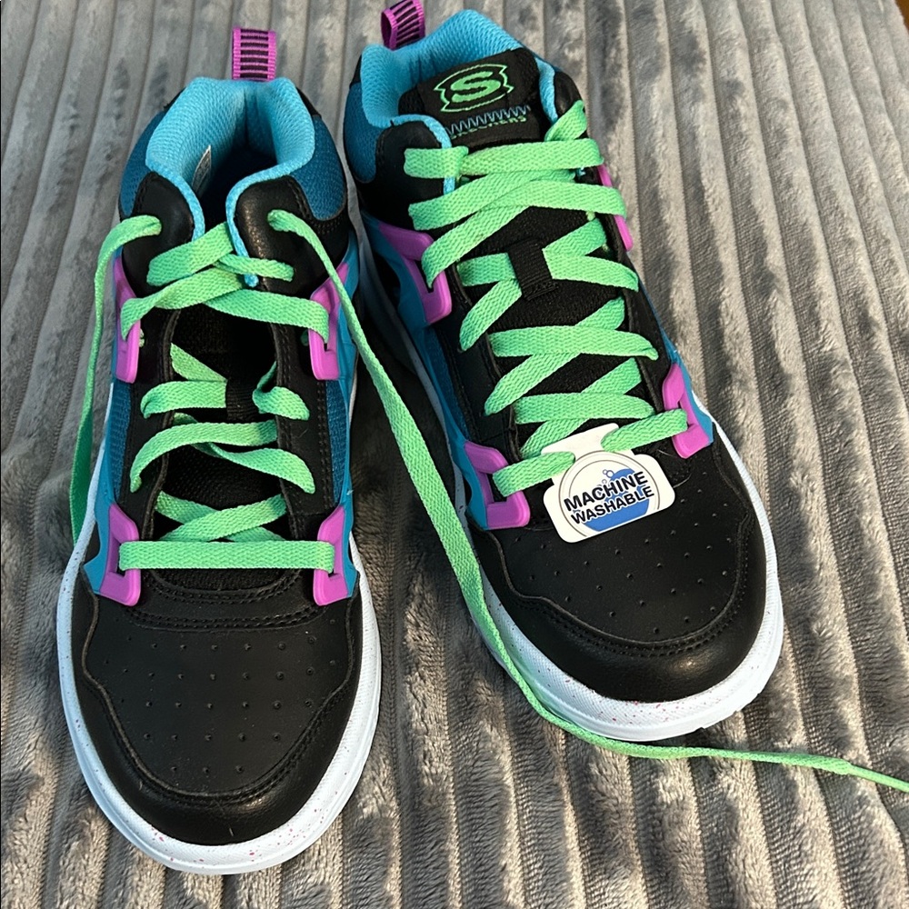 Skechers Kids Black Sneakers with Teal, Mint & Pink Accents